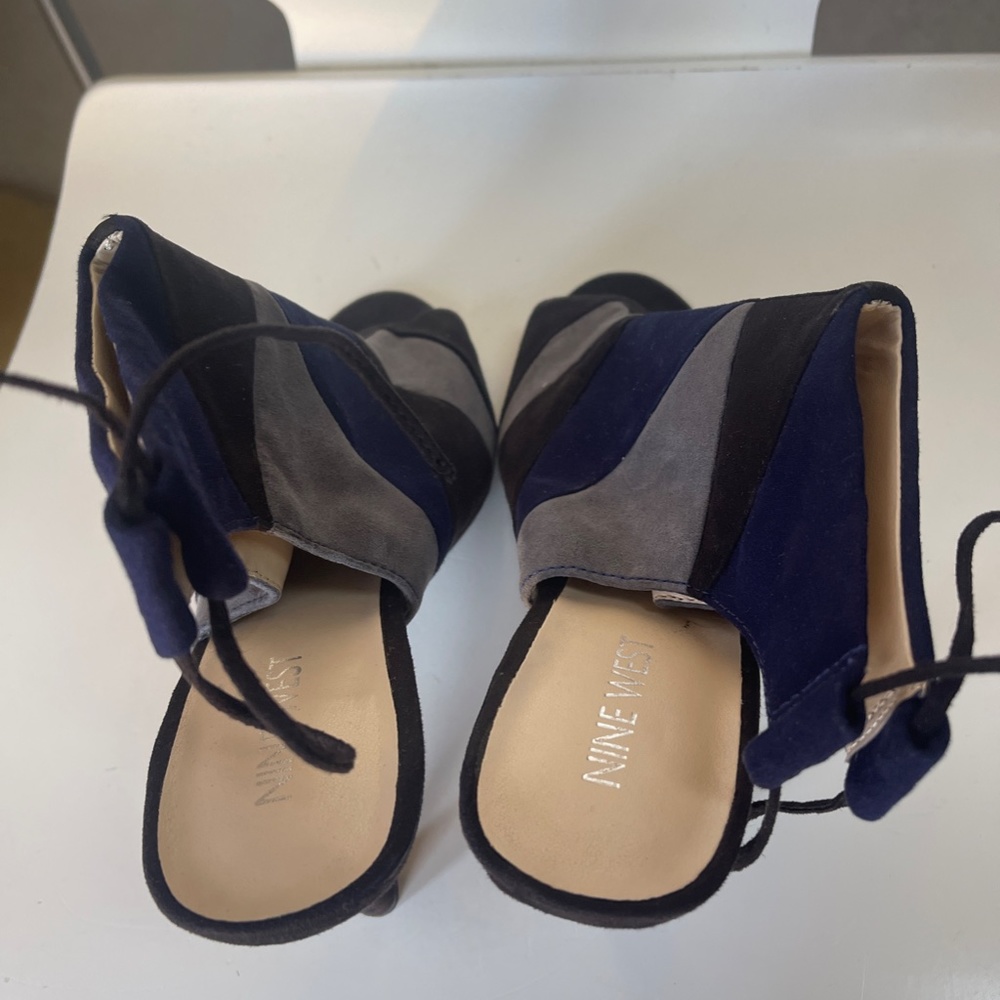 Blue/Black/Gray Patchwork Open-Toed Slingback Hee… - image 6